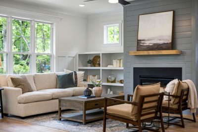 A clean and organized living room.
