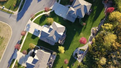 An overhead view of a well-manicured neighborhood.