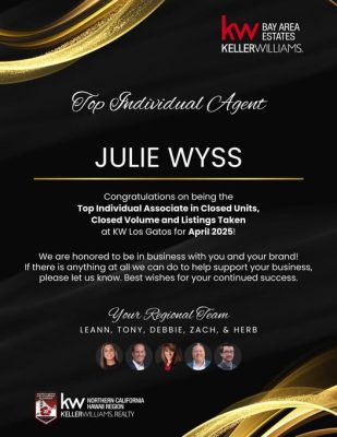 An award certificate naming Julie Wyss as the Top Individual Agent in Closed Units, Closed Volume, and Listings Taken at KW Los Gatos for April 2025.