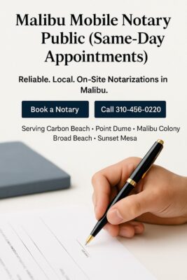 California notary signing document in a professional Malibu office, representing 4 Malibu Real Estate mobile notary services