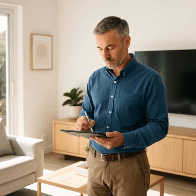 Professional Malibu property manager reviewing maintenance checklist on a tablet inside a modern coastal home, demonstrating responsive communication and attention to detail.
