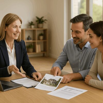 Professional Malibu real estate agent meeting with clients to review property details and discuss home selling strategy.