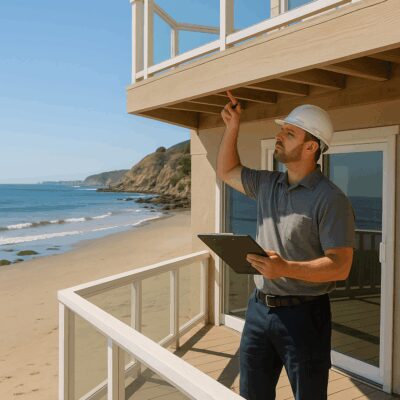 Contractor inspecting a luxury Malibu beachfront home – professional property maintenance and management by 4 Malibu Real Estate