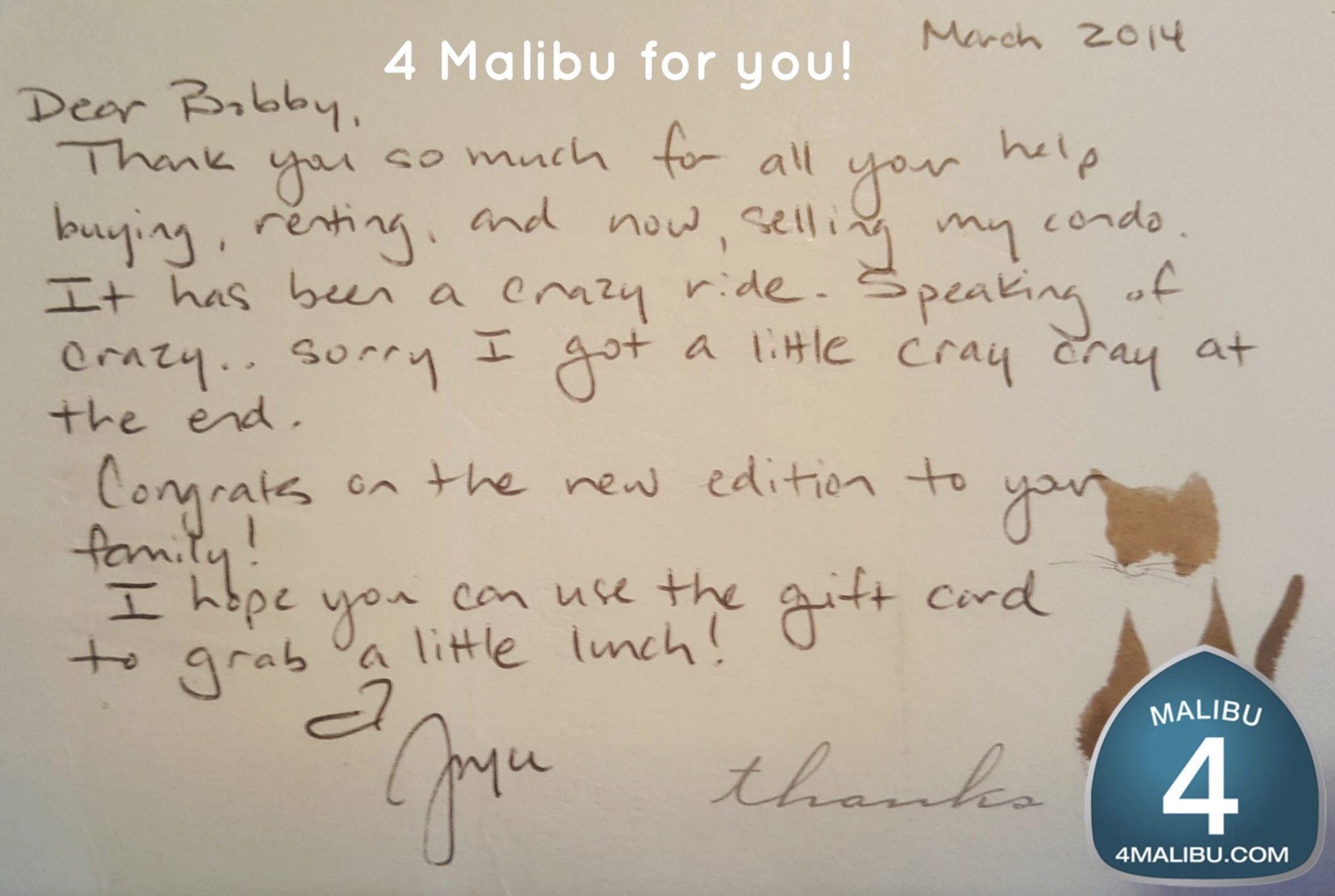 Handwritten thank-you note from a client to Bobby Lehmkuhl for help buying, renting, and selling a condo