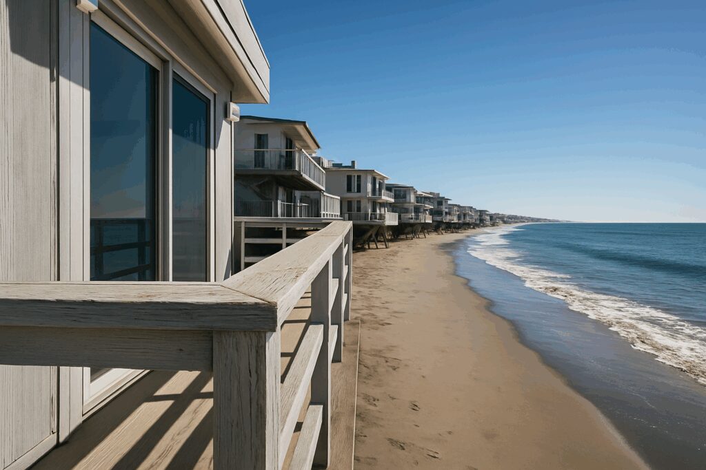 Close-up view of an oceanfront home on Malibu Road showing sun-aged wood and beachfront exposure