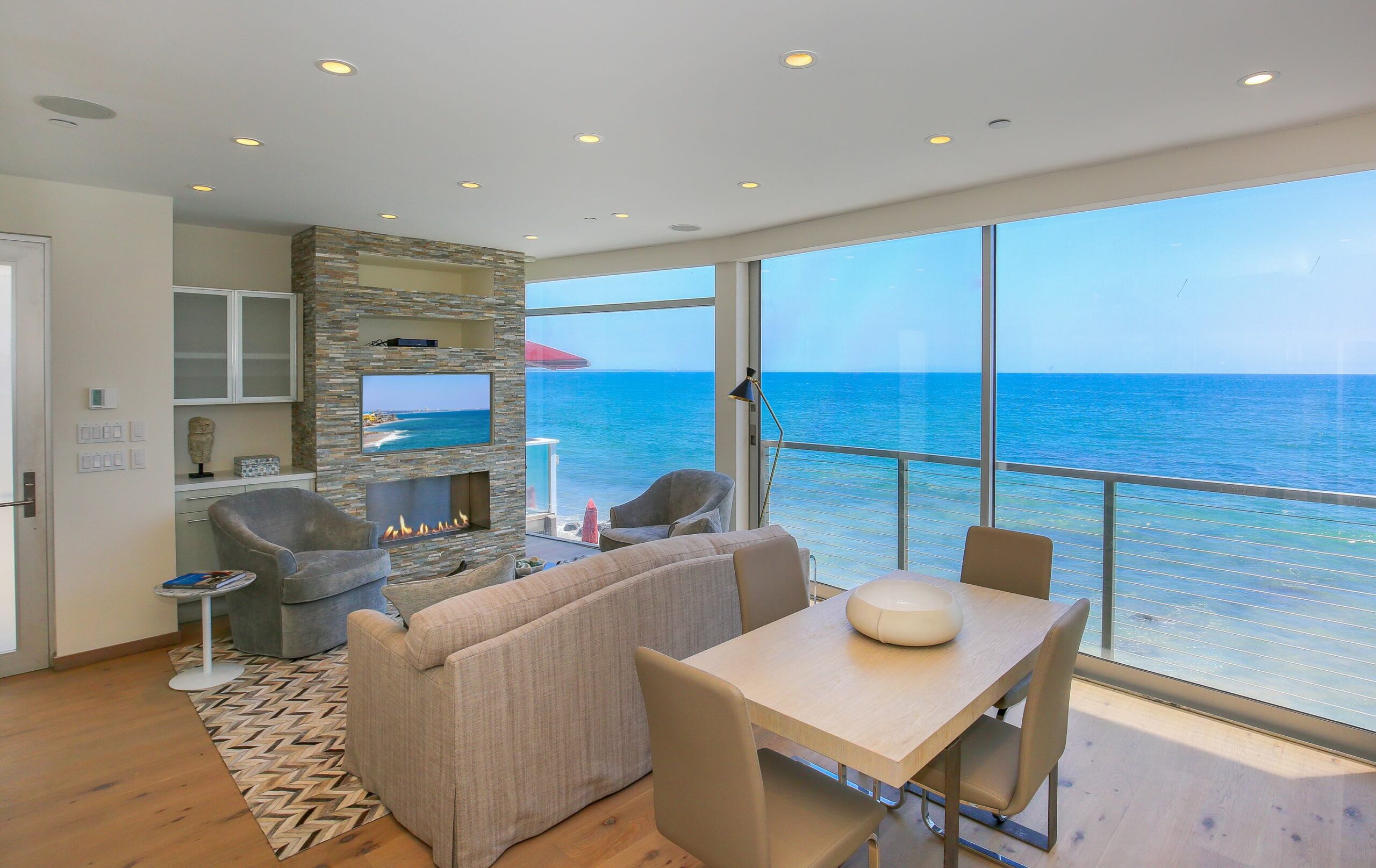 Malibu beachfront living room with wide ocean views