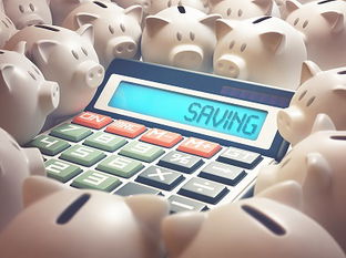Calculator amid several piggy banks showing on the display the word "SAVING". 3D illustration, business and finance concept.
