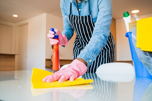 Close up of young woman cleaning at new home. Housekeeping and cleaning concept.