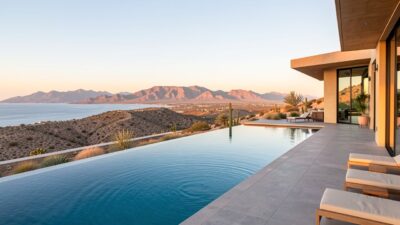 A contemporary villa terrace with an infinity pool overlooking the Sea of Cortez in Los Cabos at golden hour