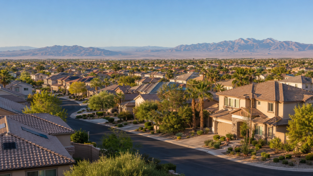 Wide view of a Las Vegas Valley neighborhood with single-family homes, desert landscaping and mountains in the distance.