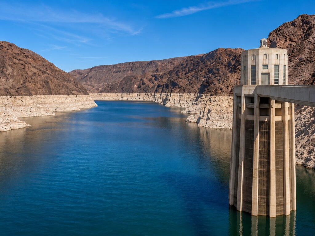 Lake Mead water level near Las Vegas showing the reservoir, canyon shoreline and intake tower