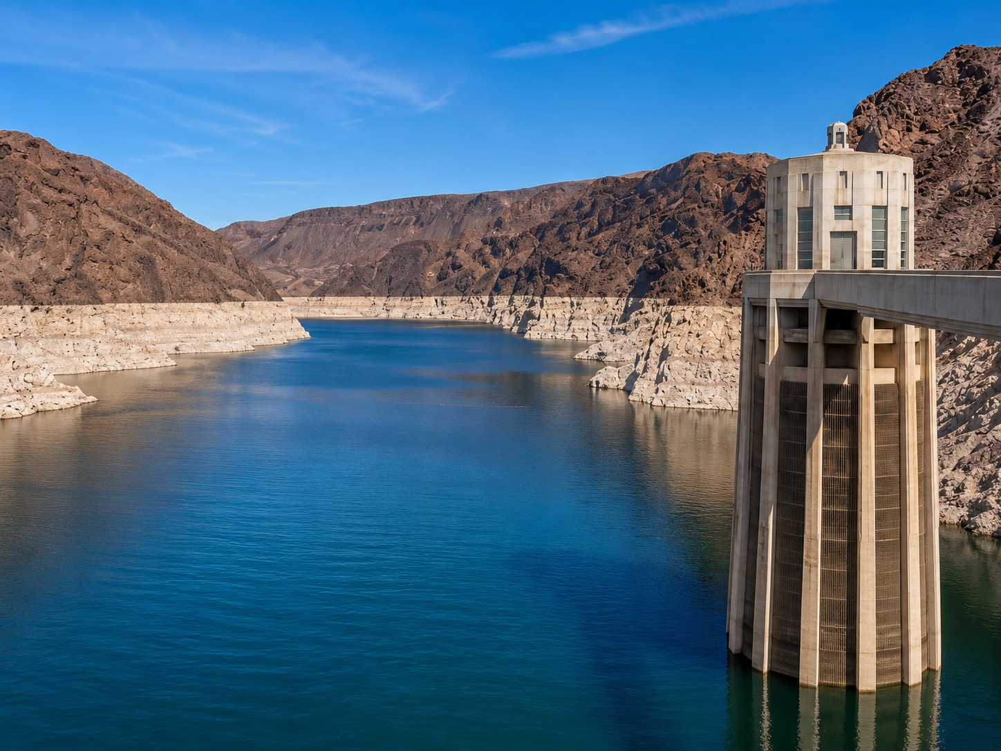 Lake Mead water level near Las Vegas showing the reservoir, canyon shoreline and intake tower
