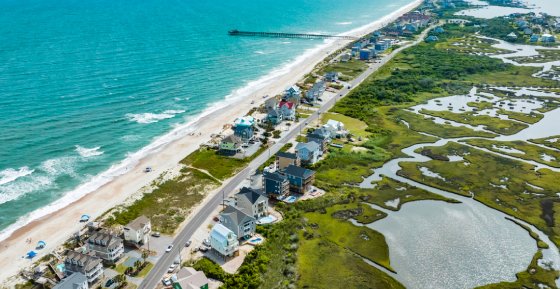 Aerial view of North Topsail Beach showing sandy shores and coastal waters