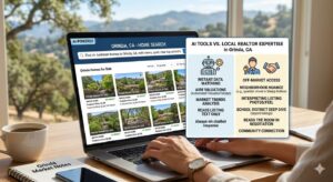 AI home search on a laptop with Orinda homes for sale, highlighting the difference between AI real estate tools and local realtor expertise in Orinda CA
