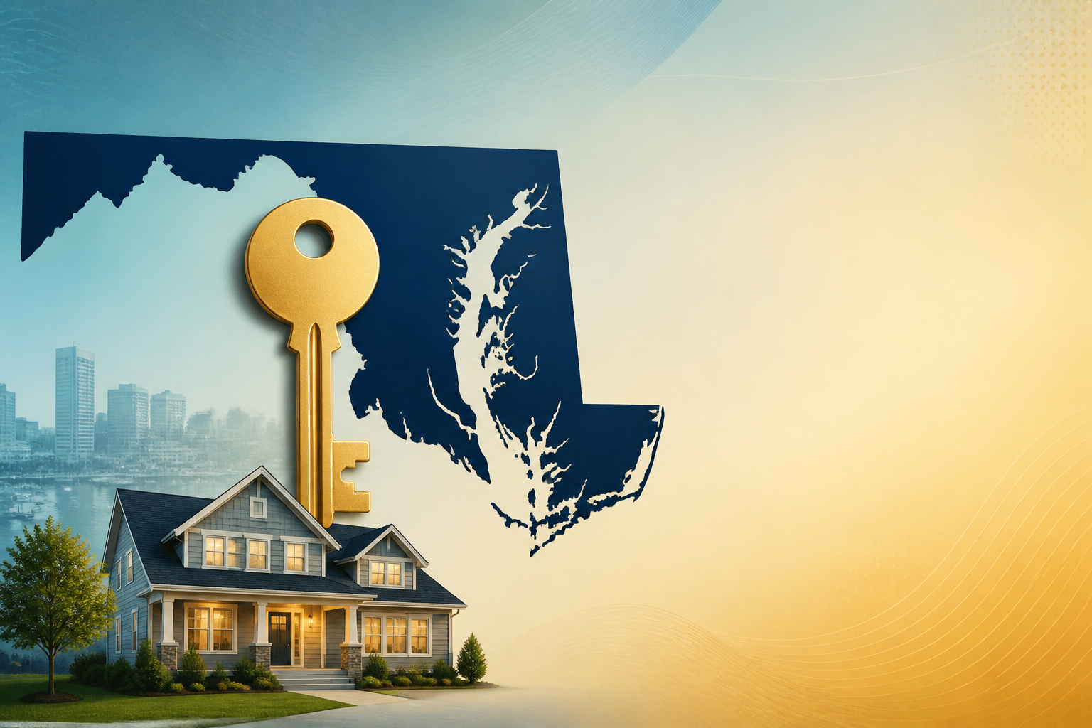 Maryland Mortgage Program guide cover with Maryland state silhouette, golden key icon, and home illustration