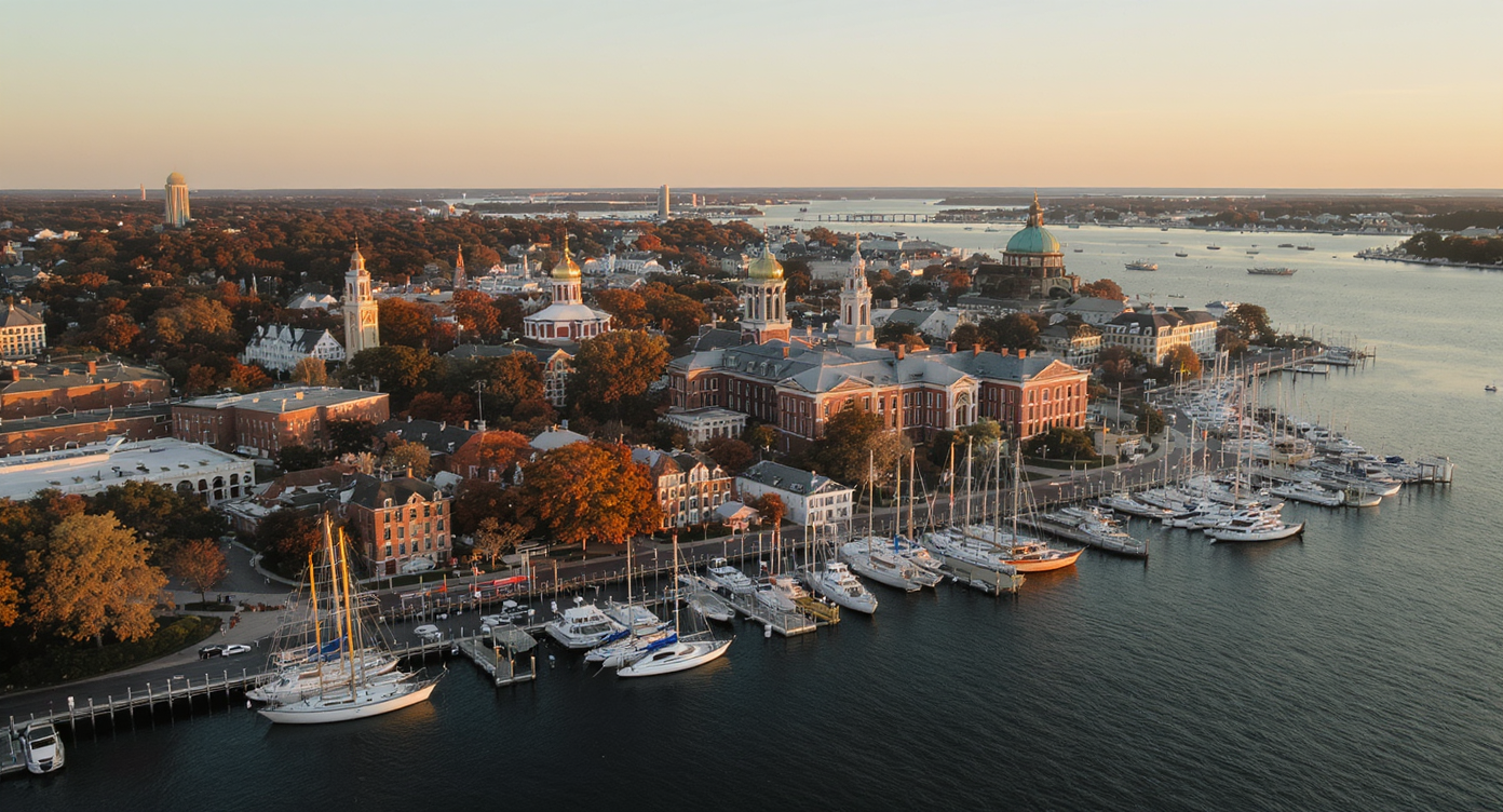 Annapolis Maryland harbor at golden hour with sailboats and Maryland State House dome