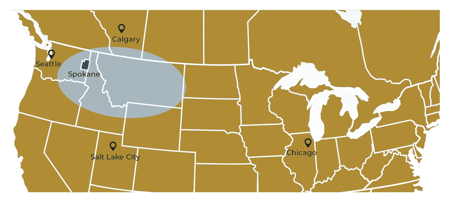 Map highlighting Spokane, Seattle, Salt Lake City, Calgary, and Chicago with a shaded area around Spokane.
