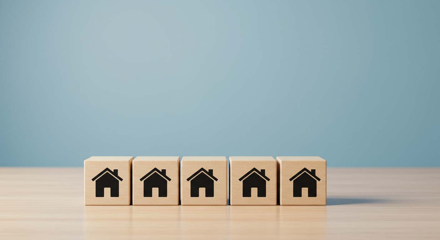 Five wooden blocks with house icons are lined up on a wooden surface against a light blue background.