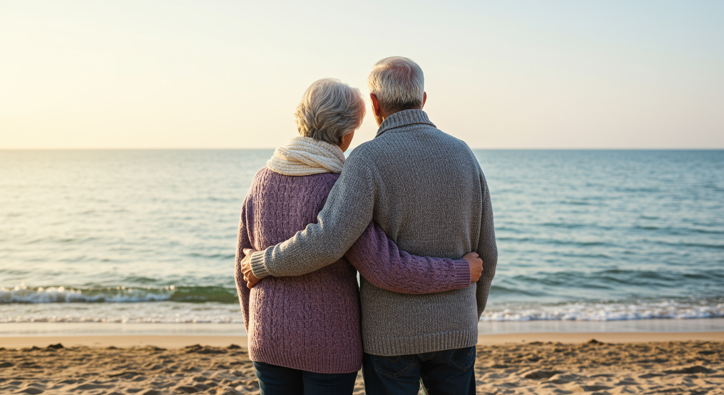 An elderly couple stands together on a beach, gazing at the ocean, wrapped in cozy sweaters, enjoying a serene moment.