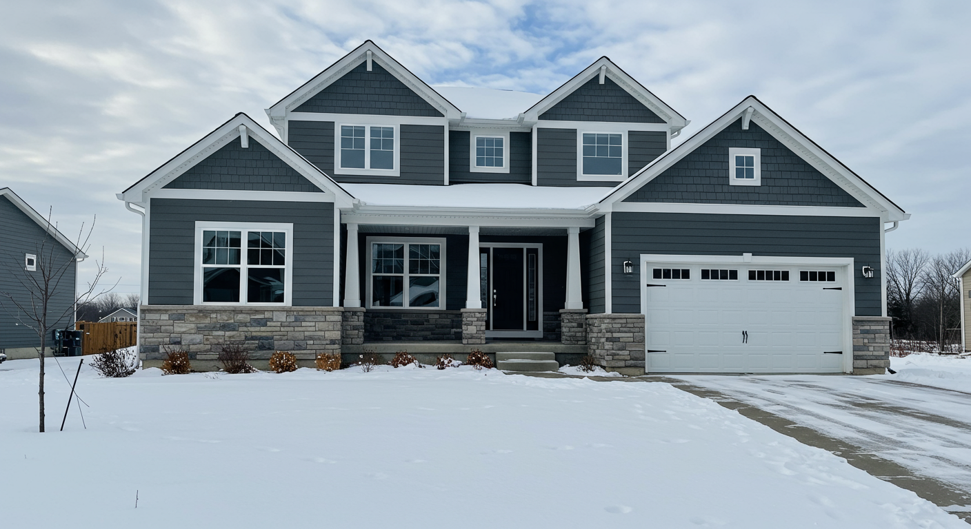 A modern two-story house with gray siding and stone accents, surrounded by snow and a cloudy sky.