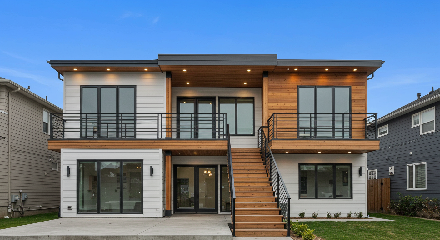 A modern two-story house with a mix of wood and white siding, featuring a balcony, large windows, and a staircase.