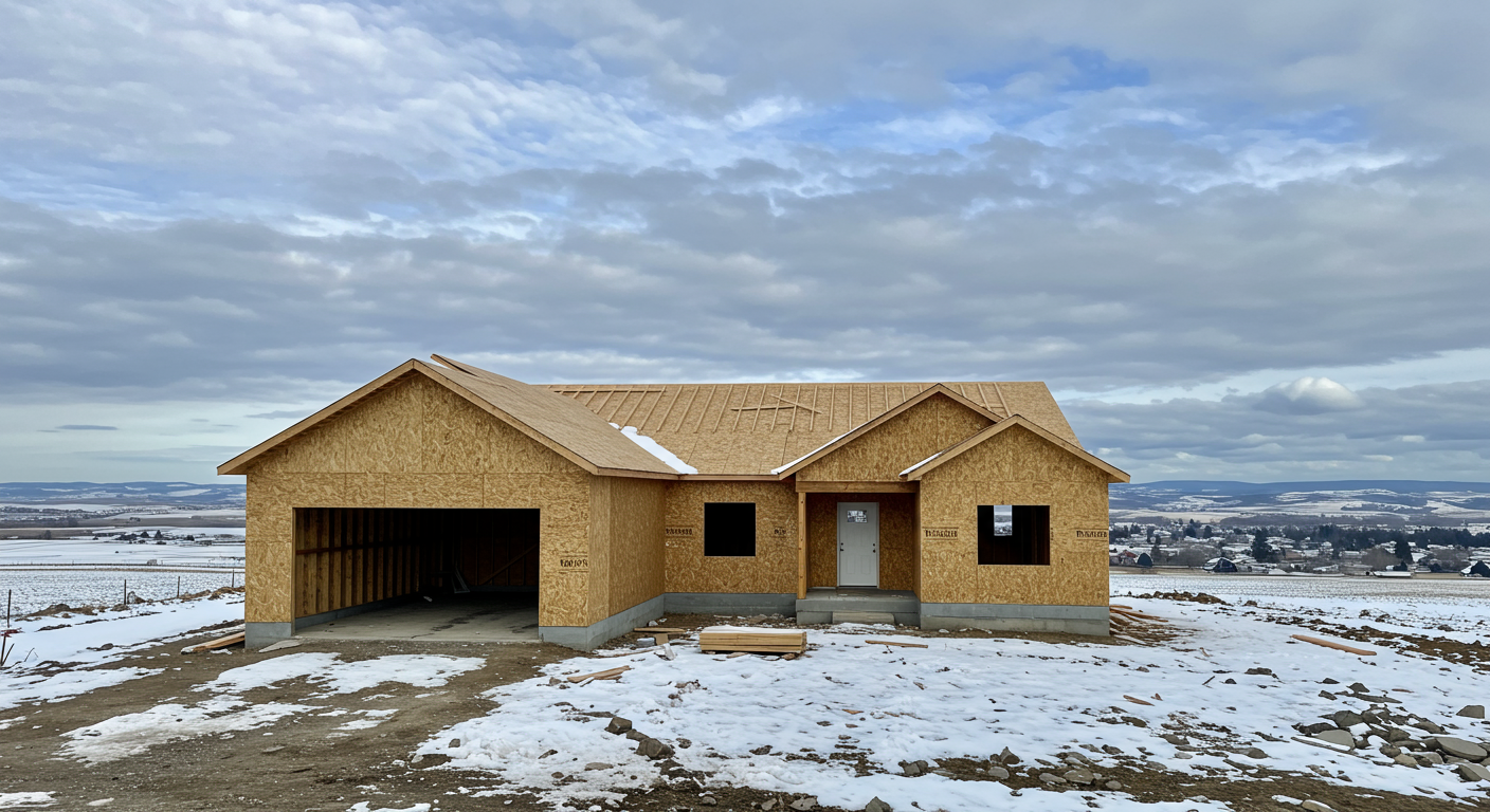 A partially constructed house with an unfinished exterior, surrounded by snow and a rural landscape under a cloudy sky.