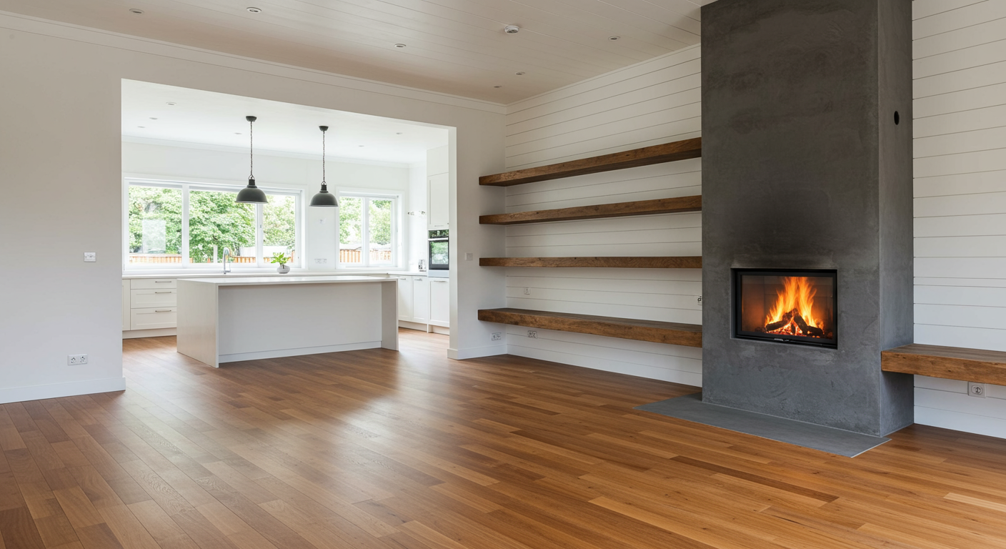 A modern living space featuring a fireplace, wooden shelves, and an open kitchen with large windows and wooden flooring.