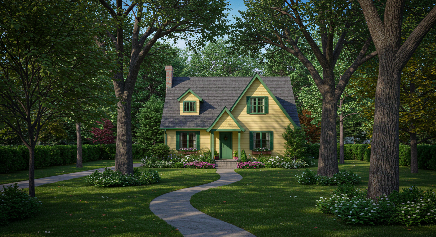 A charming yellow house with green accents, surrounded by lush trees and colorful flower beds, along a winding pathway.