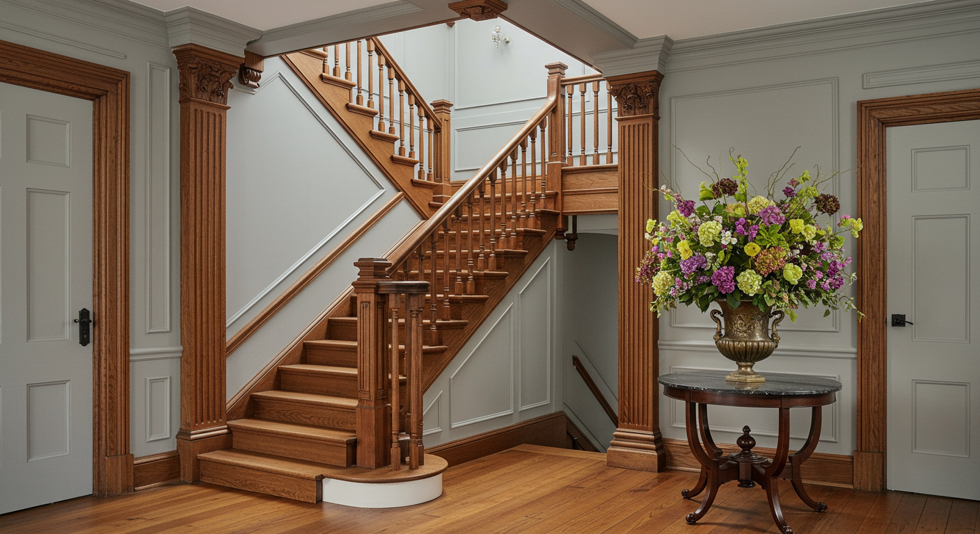 A spacious foyer features a wooden staircase, elegant columns, and a round table with a vibrant floral arrangement.