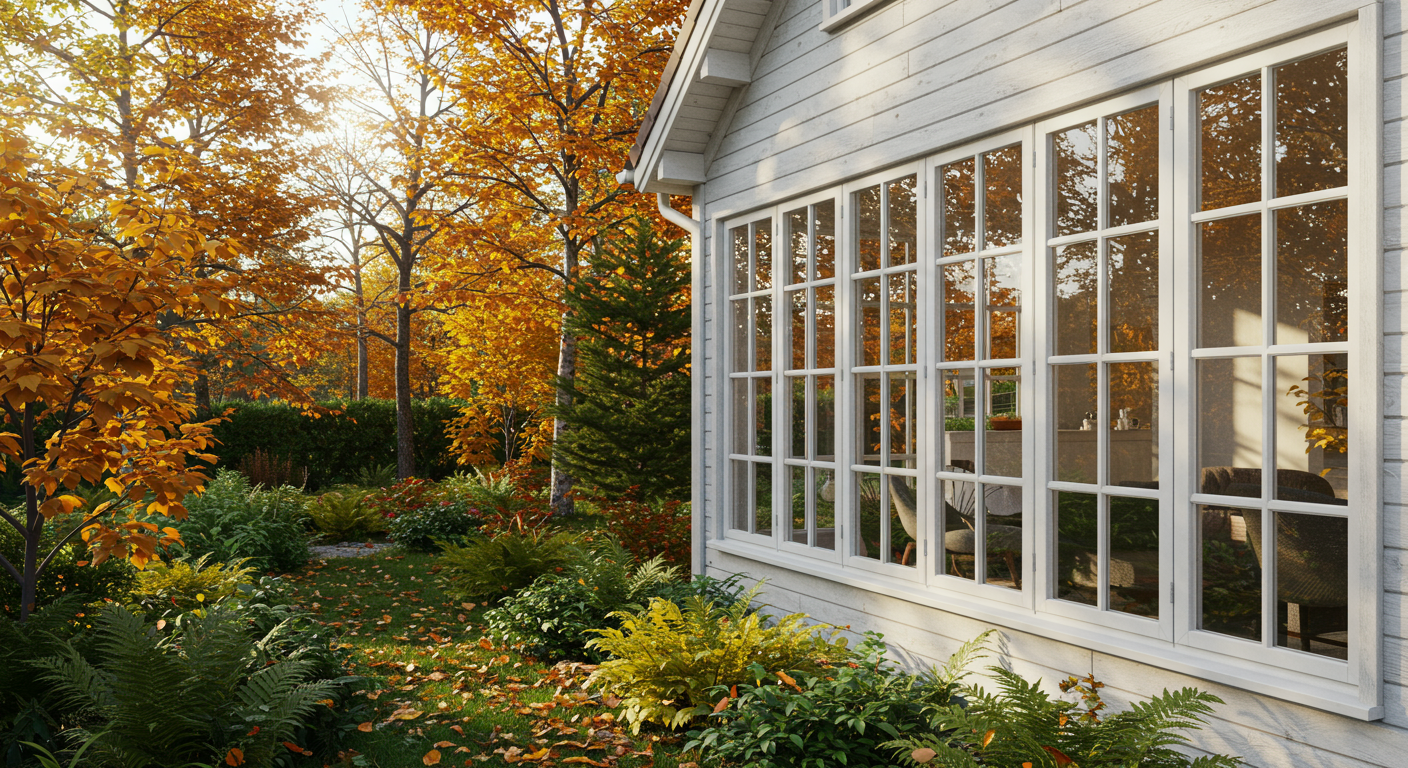 A cozy house with large windows surrounded by vibrant autumn foliage and lush greenery in a serene garden setting.