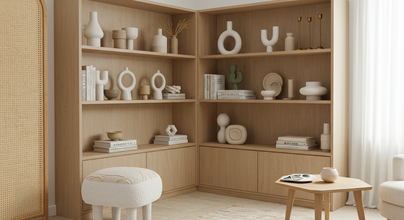 A cozy interior featuring a wooden bookshelf filled with decorative vases, books, and a small table with magazines.