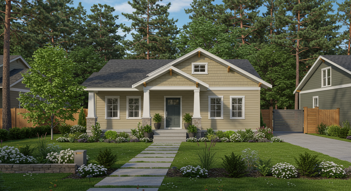 A charming single-story house with a front porch, surrounded by lush greenery and flower beds, set against a backdrop of tall trees.