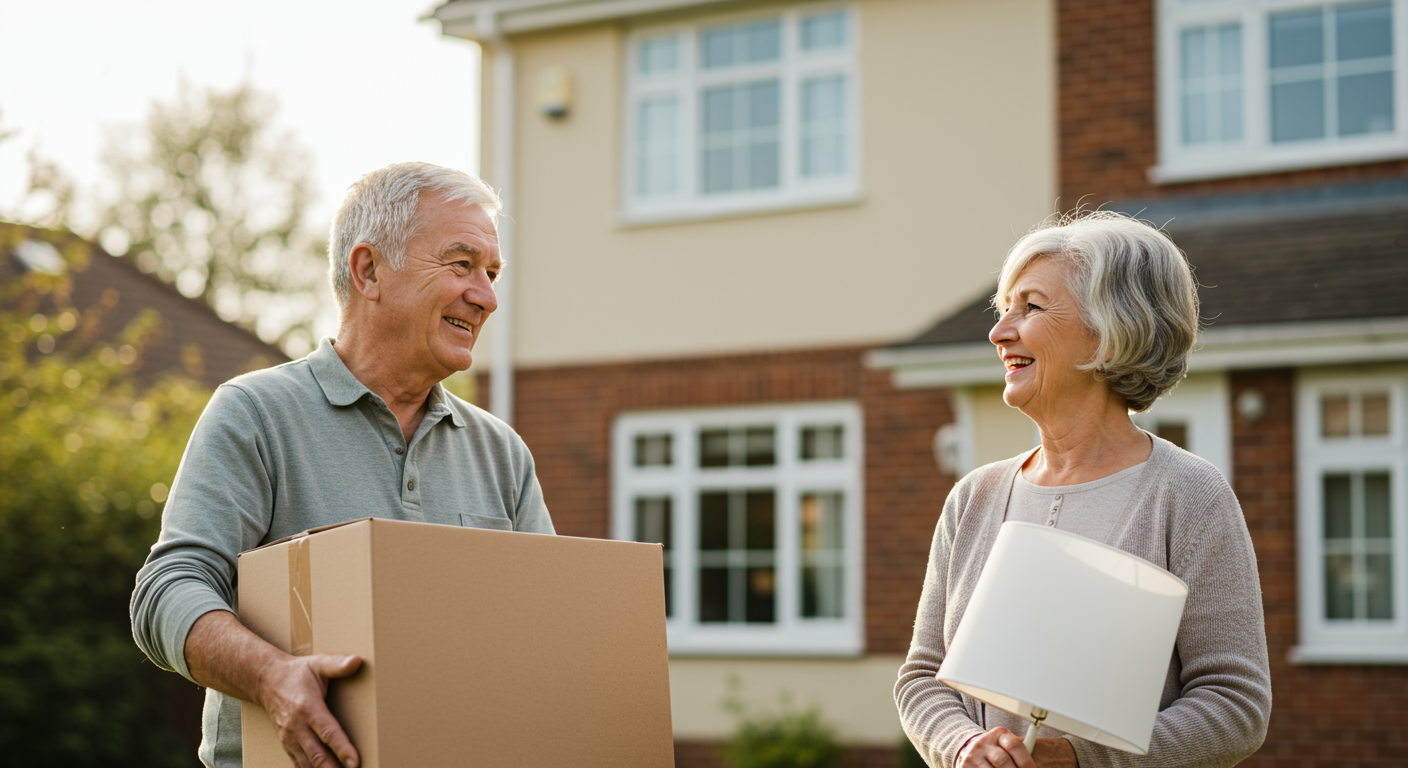 An elderly couple smiles at each other outside a house, with the man holding a box and the woman holding a lamp.