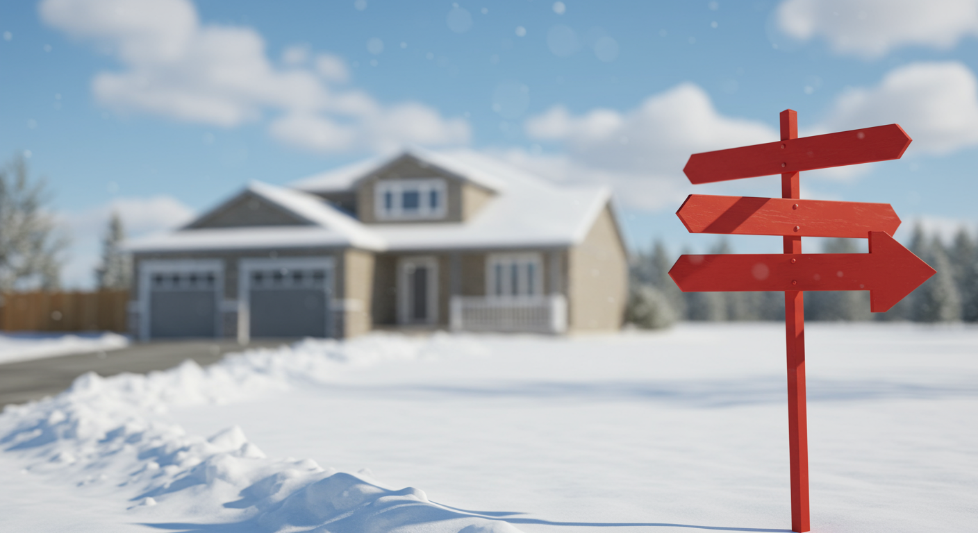 A red directional sign with multiple arrows stands in a snowy landscape, with a house visible in the background under a blue sky.