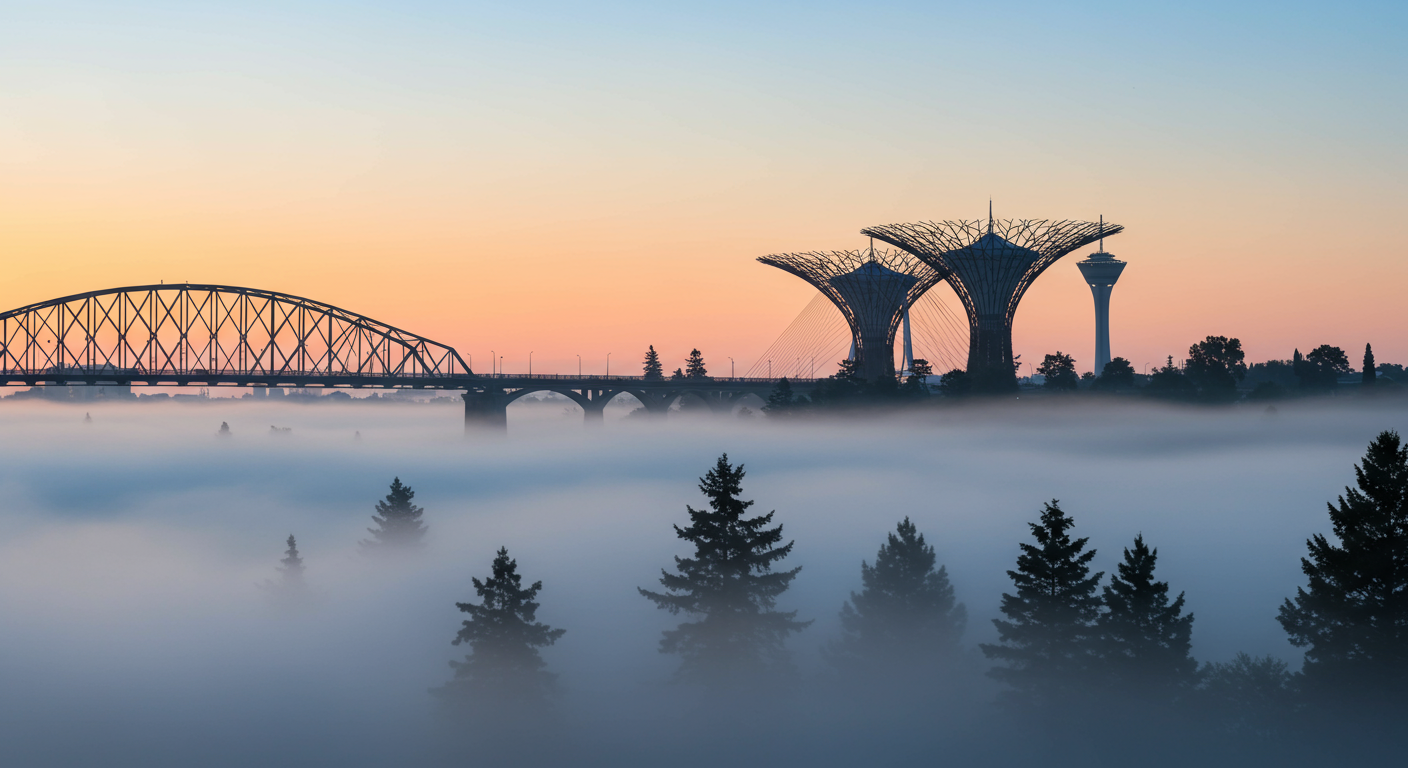 A misty landscape at dawn featuring a bridge and unique structures against a colorful sky, with silhouettes of trees in the foreground.