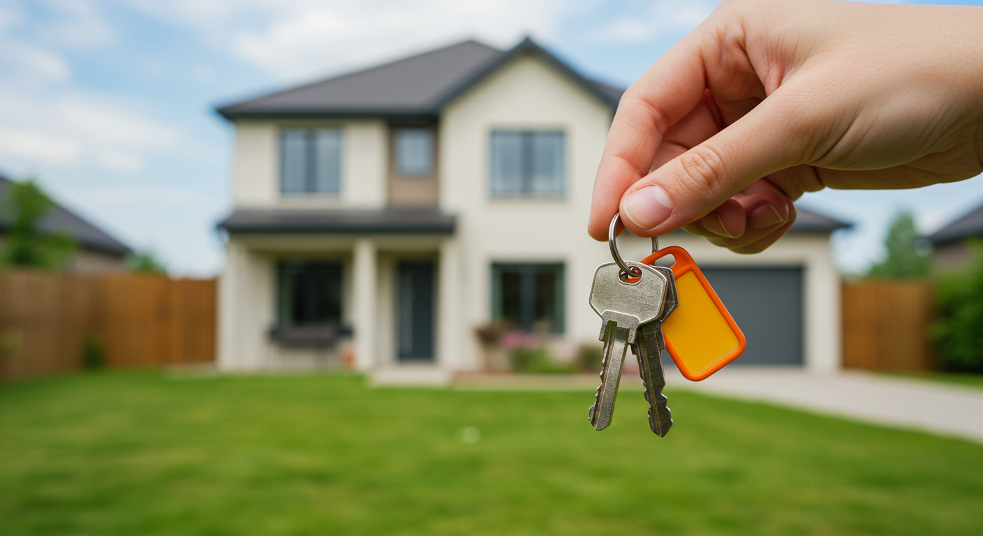 A hand holding house keys in front of a modern home with a green lawn and wooden fence.