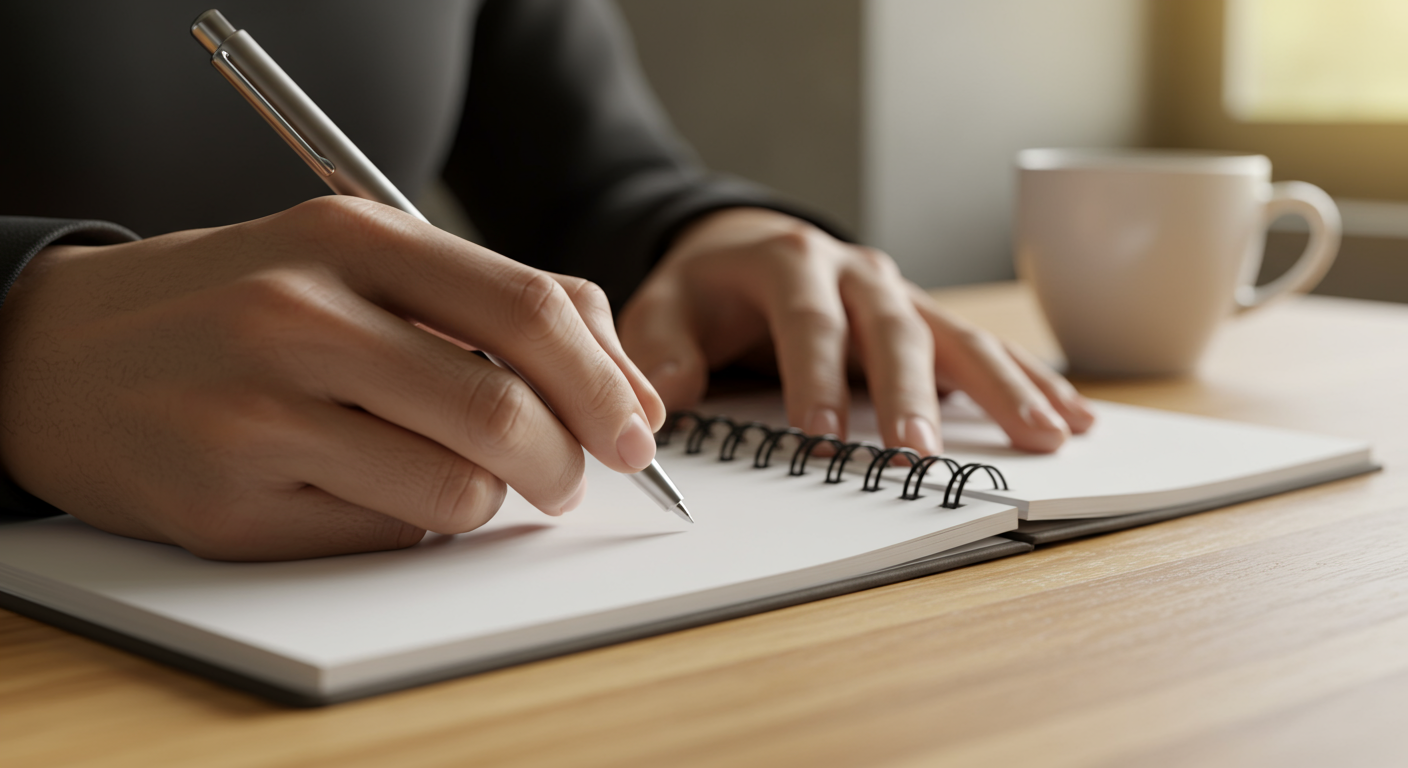 A hand holding a pen writes in a blank notebook on a wooden table, with a coffee cup in the background.