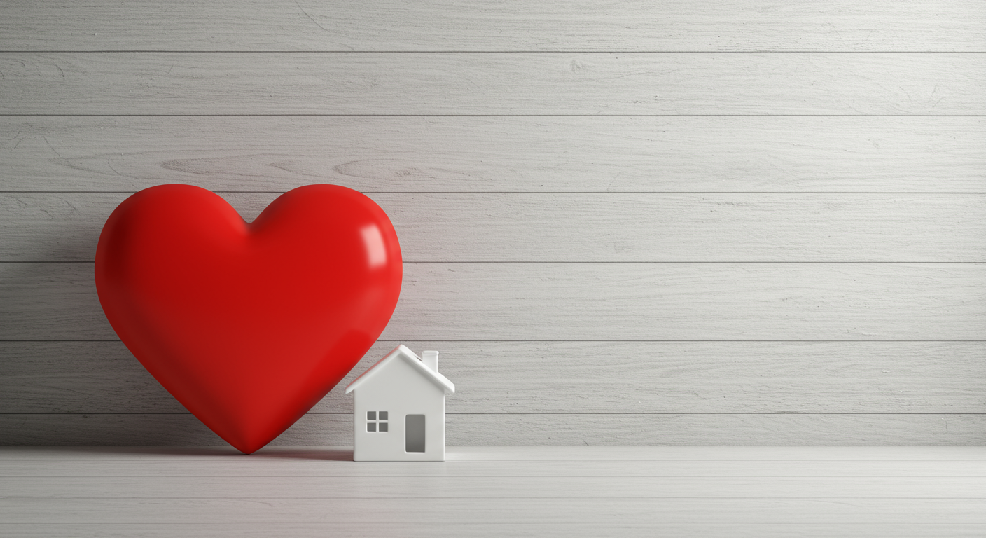 A large red heart and a small white house are placed on a light wooden surface against a wooden wall.