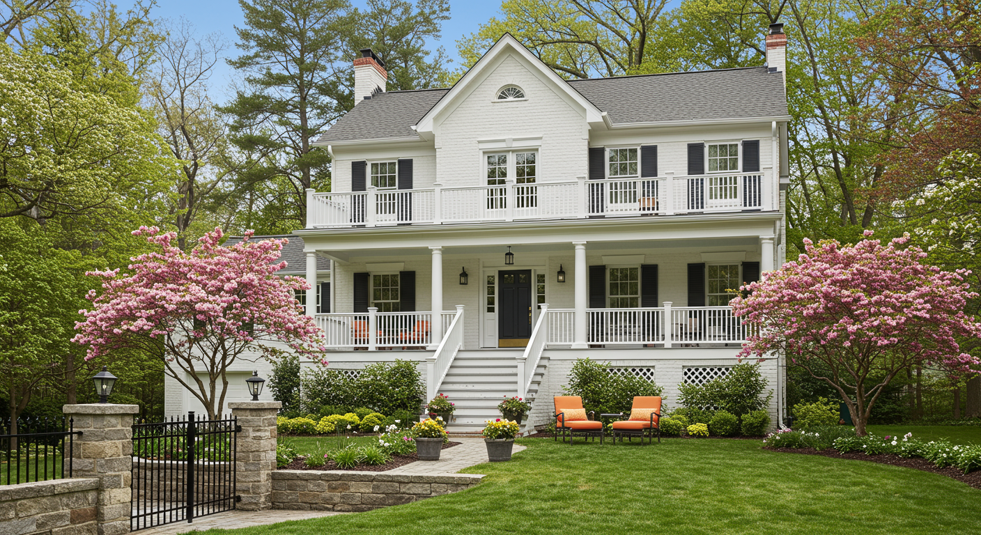 A charming white house with black shutters, surrounded by blooming pink trees and a well-kept garden. Cozy seating on the porch.