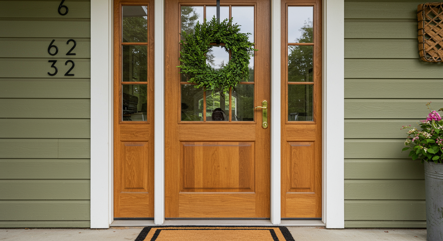 A wooden front door with a wreath, flanked by house numbers and a flower pot, set against green siding.