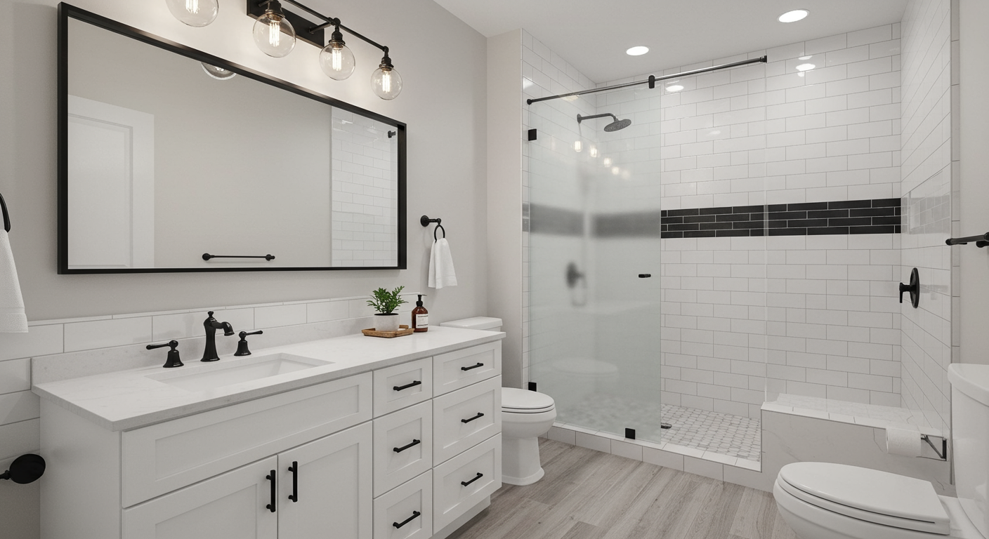 A modern bathroom featuring a double sink vanity, large mirror, glass shower, and stylish black and white tile accents.