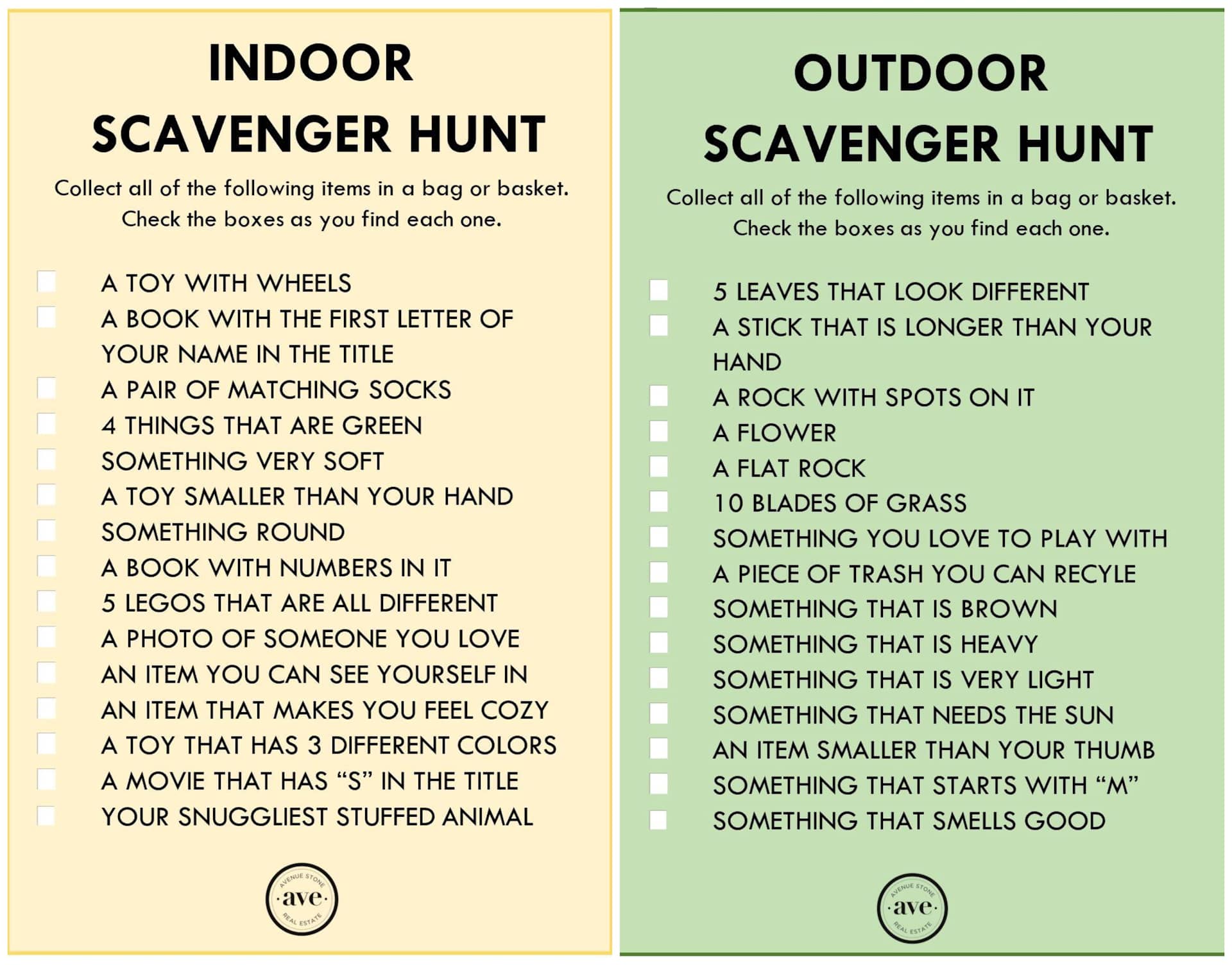 A colorful scavenger hunt list with indoor and outdoor items to collect, featuring various playful challenges.