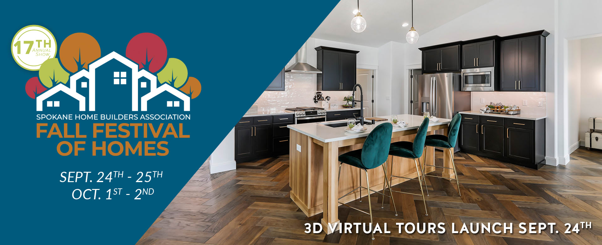 Promotional banner for the Spokane Home Builders Association's Fall Festival of Homes, featuring a modern kitchen and event details.