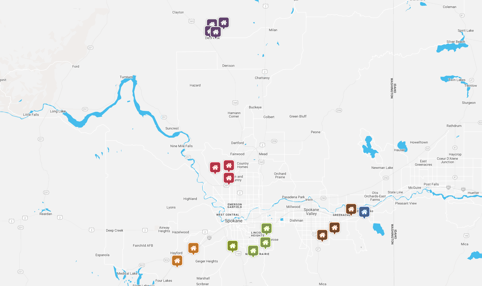 A map showing various locations in Washington, with markers indicating points of interest, including homes and landmarks.