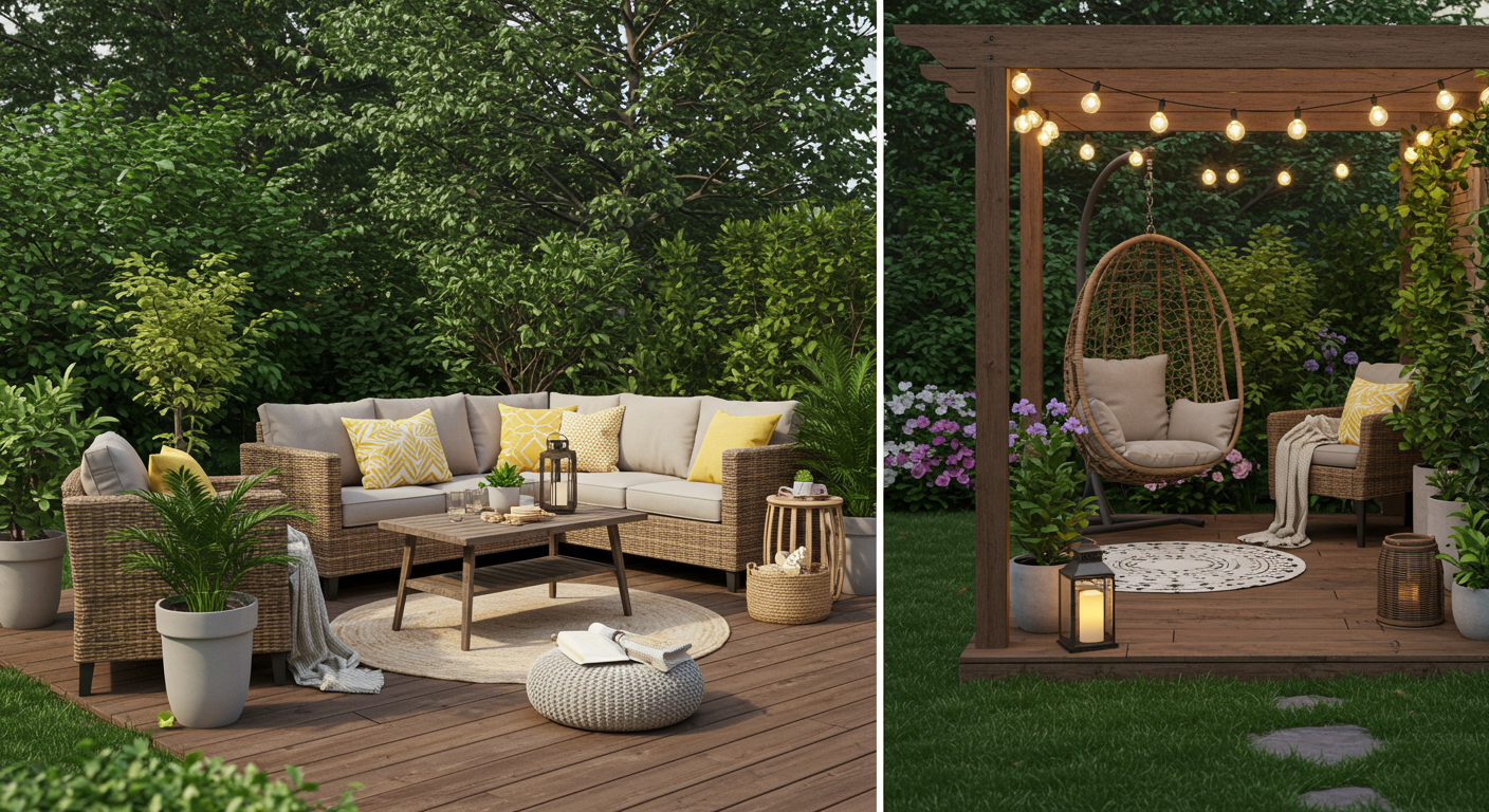 A cozy outdoor space featuring a wicker sofa with yellow pillows, a hanging chair, plants, and warm lighting.