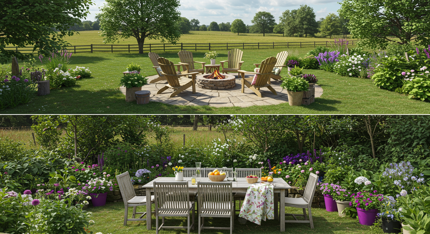A serene garden scene featuring a fire pit with wooden chairs above, and a dining table surrounded by vibrant flowers below.