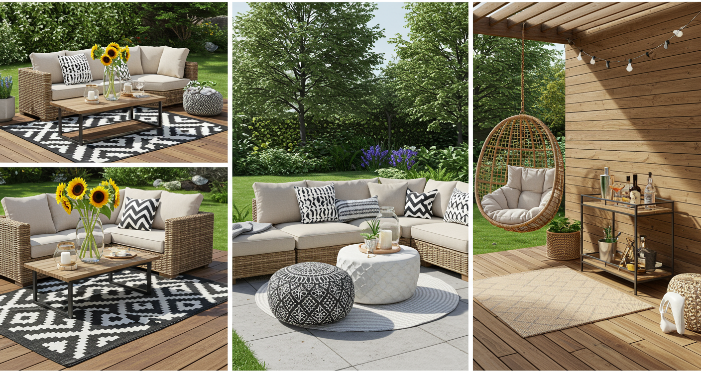 A stylish outdoor seating area featuring a sectional sofa, coffee table, hanging chair, and decorative rugs with sunflowers and greenery.