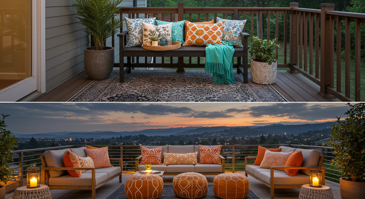 Two outdoor seating areas: the top features a cozy bench with colorful pillows and a plant, while the bottom showcases a modern sofa with sunset views.
