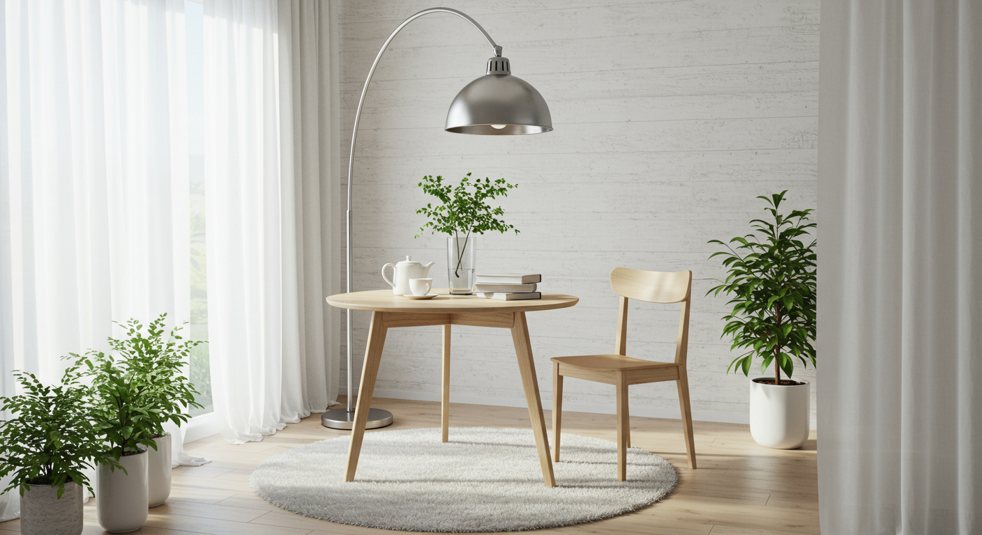 A cozy interior featuring a round wooden table, a chair, a floor lamp, and potted plants, with soft curtains letting in natural light.