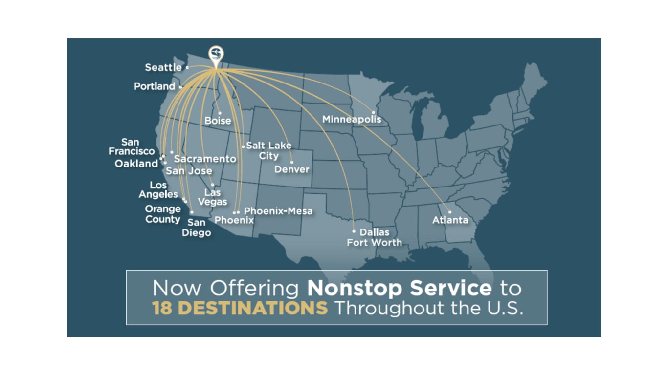 Map showing nonstop service to 18 U.S. destinations, including cities like Seattle, San Francisco, and Atlanta.